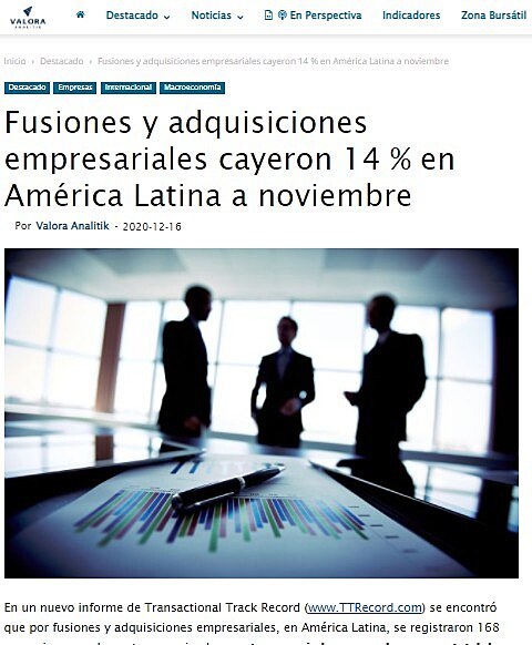 Fusiones y adquisiciones empresariales cayeron 14 % en Amrica Latina a noviembre